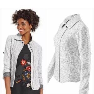 CABI Neo woman grey marbled zip quiet luxury sophisticated moto knit jacket L